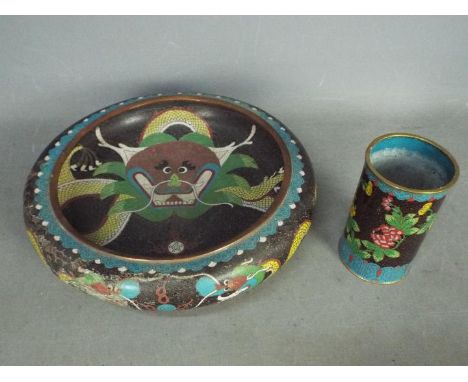 A cloisonné censer decorated to the interior with a front facing five clawed dragon and flaming pearl and to the exterior wit