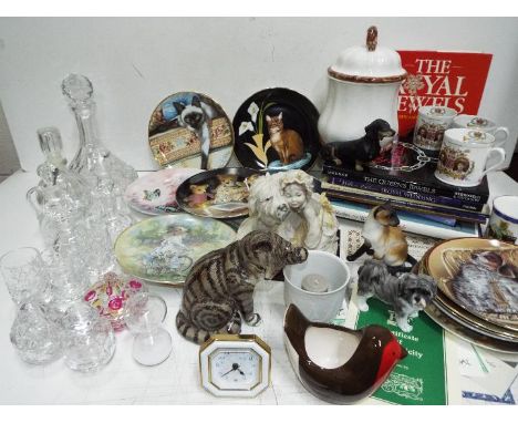 Beswick Cat model 1877, collector plates some certificates, Royal books and cups, Quantity of crystal glass, decanters and sh
