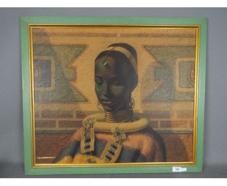 A framed print after Vladimir Tretchikoff, Lady Of Ndebele, labeled verso, approximately 51 cm x 60 cm.