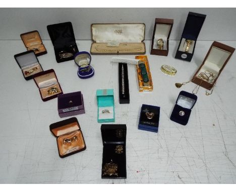 Costume Jewelry - "50 Years youth courage success" 2 x Badges, Watches, Brooches, Necklaces, rings, comb and pen, boxed.