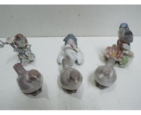 Lladro - Six Ceramic Bird figurines. Tallest is 13cm high.