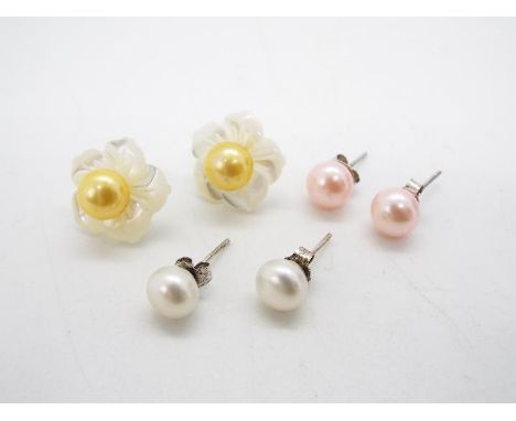 A Mother of Pearl &amp; Kaori Cultured Pearl Sterling Silver Set of Three Interchangeable Earrings, Mother of Pearl flower sh