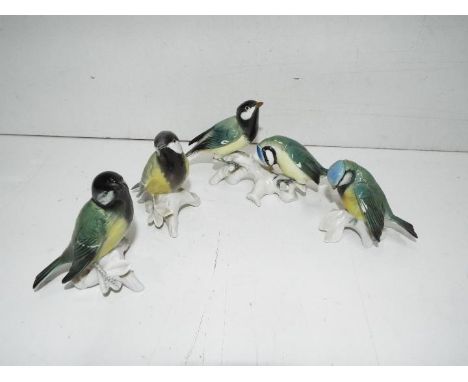 Karl Ens - Four Ceramic Birds. Blue Tits and Great Tits . Blue factory backstamp on all pieces.