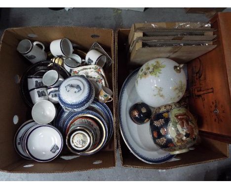 A mixed lot to include ceramics, plated ware, wall clock, hand painted glass ceiling light and similar, two boxes. [2]