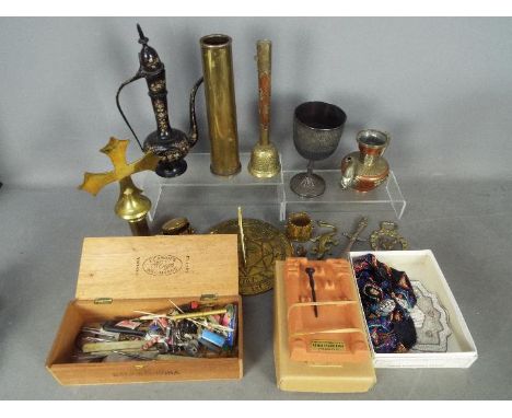Lot to include various metal ware to include brass sundial, brass pole top in the form of a cross and similar, haberdashery i
