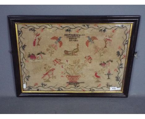 An early 19th century needlework sampler incorporating biblical verse, birds and butterflies, foliate scrolls by Marey Ann Ha