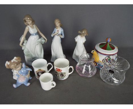 A mixed lot to include four Nao figurines, Caithness vase, Royal Doulton vase, teapot and similar.