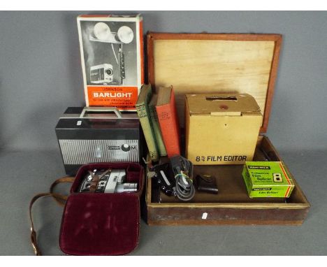 Vintage film equipment to include a Bell &amp; Howell camera, Eumig projector, film editor and similar, also includes a vinta