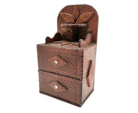 Tramp art table chest with chipped decoration and 2 drawers &amp; small shelf with leaf decoration - 20.5cm high x 11cm wide