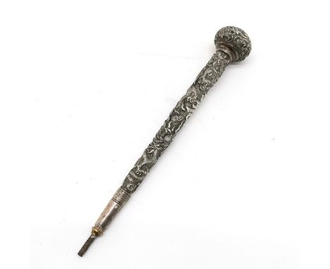 Chinese unmarked silver cane / parasol handle with dragon &amp; chinese character detail (and squirrel detail around head) - 