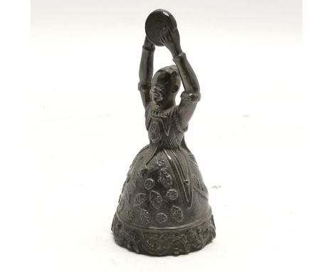 Asian bell with male figural detail playing an instrument (missing clapper) - 12.3cm high ~ main body has a couple of cracks