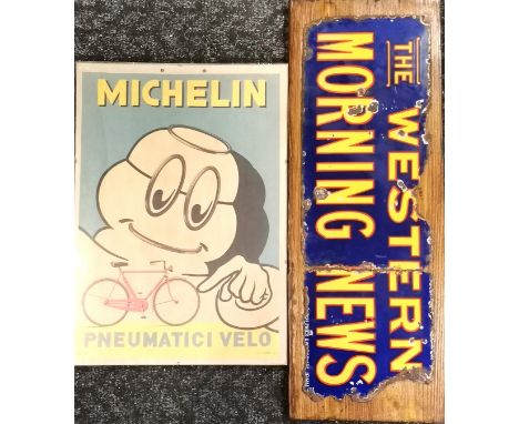 Mounted 'The Western Morning News' enamel sign (58cm x 21cm &amp; a/f) t/w Michelin Pneumatici velo advertising card in clip 
