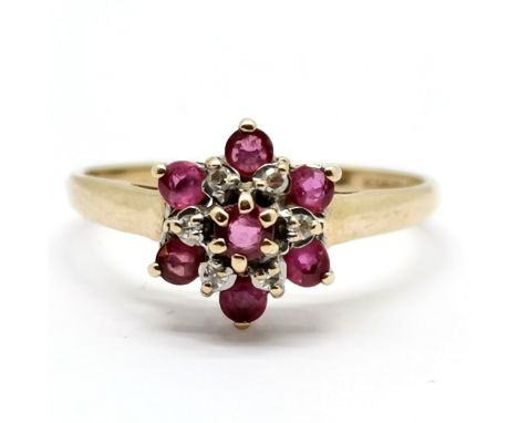9ct gold hallmarked ruby and diamond set cluster ring size M½ 1.6g total weight
