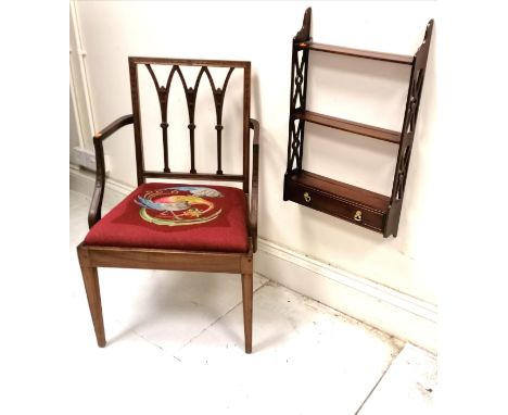 Antique mahogany elbow chair with phoenix tapestry drop-in seat - 89cm high x 64cm x 46cm deep ~ slight loss to detail on 1 l