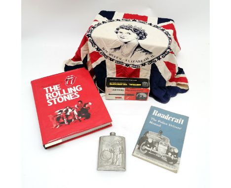 Rolling Stones book (a/f), 1967 Police Drivers' manual, boxed Prinz Astral telescope, QEII flag & golf hip flask (has dent)