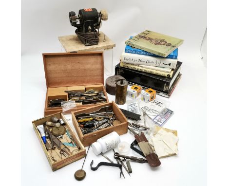 Qty of watch / clock tools inc lathe t/w related reference books + 2 books on glass