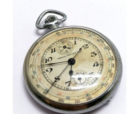 Chronometre Uti single button flyback chronograph Art Deco pocketwatch with telemetric dial in chromed 45mm case