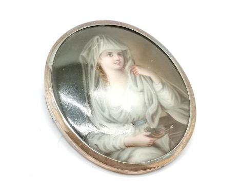 Antique unmarked gold mounted hand painted porcelain panel brooch / classical portrait miniature - 6.5cm drop &amp; 29.7g tot