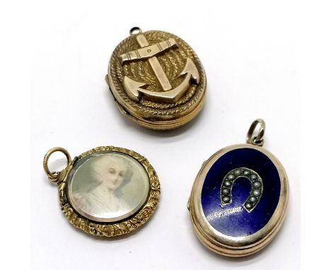 3 x antique pendant lockets inc enamel with pearl set horseshoe decoration (3.5cm drop), Naval anchor &amp; rope design, hand