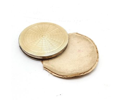 1946 silver hallmarked compact with yellow Guilloche enamel detail 7cm diameter in a leather pouch 70g total weight - slight 