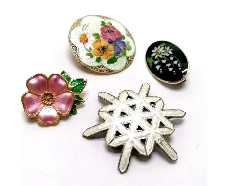 4 x silver enamel brooches inc 2 x David Andersen, snowflake (4cm) etc - total weight (4) 30g - snowflake has damage to ename