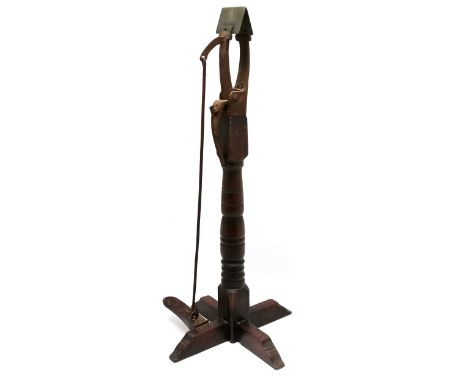 Antique unusual saddlers clamp with yew wood base terminating on 4 sled feet with iron &amp; brass mechanism &amp; yew wood t