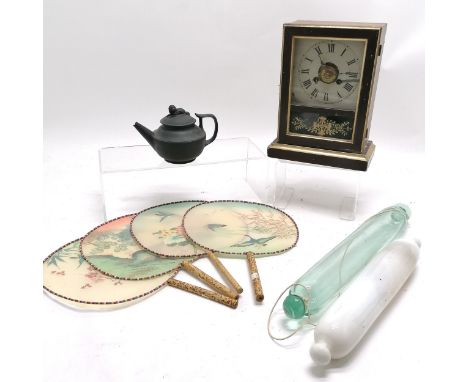 Antique black basalt teapot with dog finial (10.5cm high &amp; a/f), 2 glass rolling pins, wooden cased mantle clock &amp; 4 