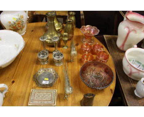 Two pairs of brass vases; an Eastern mother of pearl inlaid trinket box; various Carnival glassware etc.