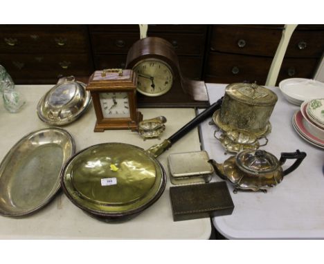 A copper and brass warming pan; a mahogany cased mantel clock; a silver plated caddy; a silver plated three piece teaset etc.