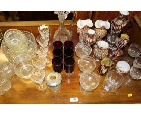 A collection of mottled glass vases; a set of six ruby glass drinking glasses etc.