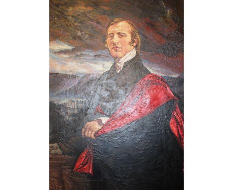 A large modern oil portrait painting of a seated gentleman