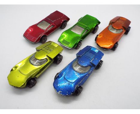 Hot Wheels - Redline - 5 x U.S. made cars, two Tri-Baby models in Apple Green and Rose and three Turbofire models in Orange, 