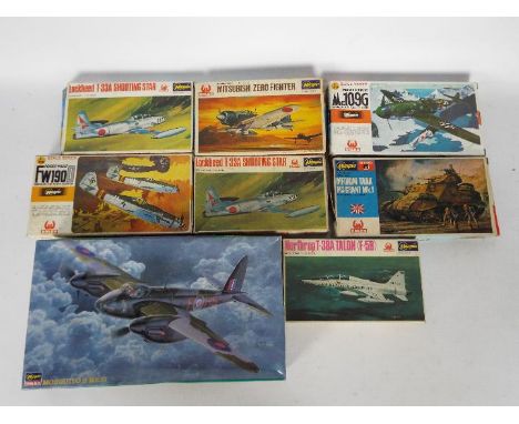 Hasegawa - Eight boxed 1:72 scale vintage plastic mainly military aircraft model kits. Lot includes Hasegawa #51217 Mosquito 