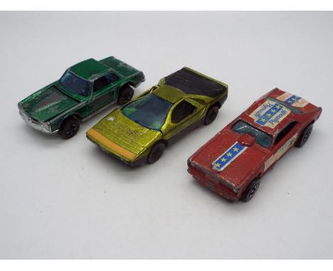 Hot Wheels - Redline - 3 x cars, a Carabo in Yellow, a Mercedes 280SL in Green and a Plymouth Duster Mongoose drag car in Ena