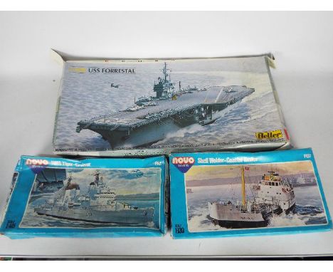 Novo, Heller - Three boxed plastic ship model kits. Lot consists of Novo F142 1;415 scale HMS Tiger 'Cruiser'; Novo F137 1:13