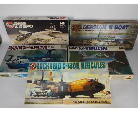 Airfix, Hasegawa -Five boxed plastic model kits in various scales mainly depicting military aircraft. Lot consists of Airfix 