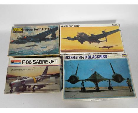 Frog, Hasegawa, Monogram - Four boxed vintage 1:72 and 1:48 scale military aircraft plastic model kits. Lot consists of Monog