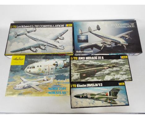 Heller - Five boxed vintage 1:72 scale aircraft plastic model kits by Heller. Lot consists of Heller #346 Gloster Javelin T3;