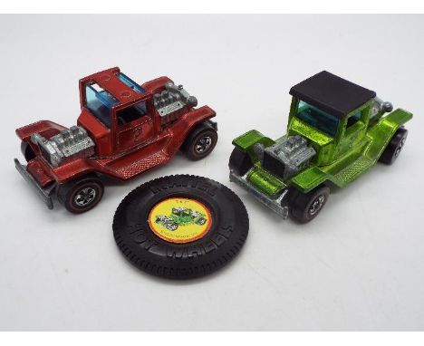 Hot Wheels - Redline - 2 x T-4-2 Ford Model T Hot Rod cars in Red and Lime Green. The Red car is in Good condition with light