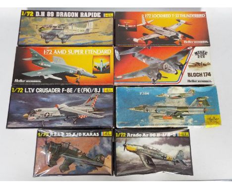 Heller - Eight boxed vintage 1:72 scale military aircraft plastic model kits by Heller. Lot includes Heller #345 DH89 Dragon 