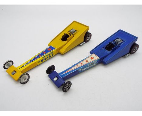 Hot Wheels - Redline - 2 x Rear Engine Dragsters 'The Snake' in Blue and 'The Mongoose' in Yellow. The Yellow car is Near Min