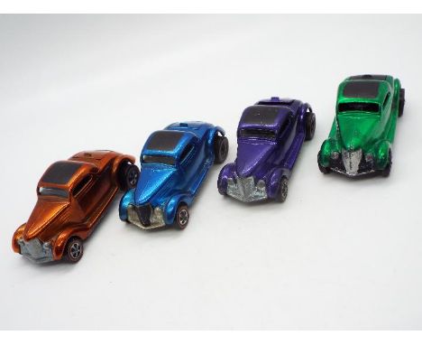 Hot Wheels - Redline - 4 x Classic 36 Ford Coupes in Blue, Green and hard to find Orange and Purple. The Blue car has a Black