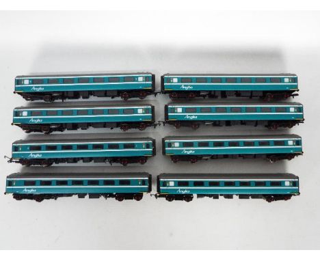 Hornby - A rake of eight OO gauge passenger coaches by Hornby in 'Anglia' livery. Lot includes Hornby R4137A Mk2 1st Class Op