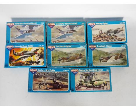 Novo - A collection of 8 boxed vintage 1:72 scale military aircraft plastic model kits from Nov . Lot includes Novo F328 Hawk