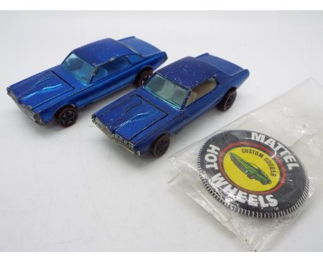 Hot Wheels - Redline - 2 x Custom Ford Cougar models and a Collectors Button. Both cars are Hong Kong made versions in Blue, 