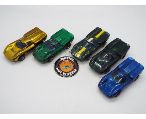 Hot Wheels - Redline - 5 x Lola GT70 models in Dark Enamel Green, Gold, Blue and Green. The Gold car and the Dark Enamel Gree