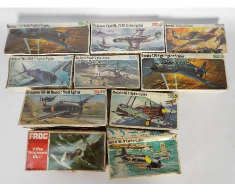 Frog - 10 boxed vintage 1:72 scale military aircraft plastic model kits by Frog. Lot includes F171 Hurricane IIC; F235 Dornie