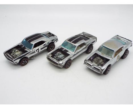 Hot Wheels - Redline - 3 x 1970 Hot Wheels Collectors Club models in chrome finish, Heavy Chevy, King Cuda and Mustang Boss H