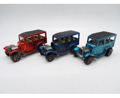 Hot Wheels - Redline - 3 x Classic 31 Ford Woody models in Blue with a smooth Black roof, Red with a textured roof and Light 