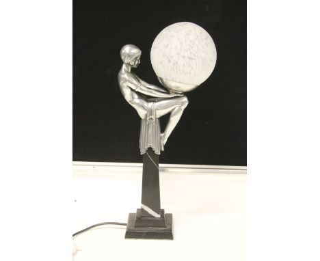 ART DECO LAMP - an art deco style lamp featuring a woman seated on top of a marble base, holding out her ball of light. a/f